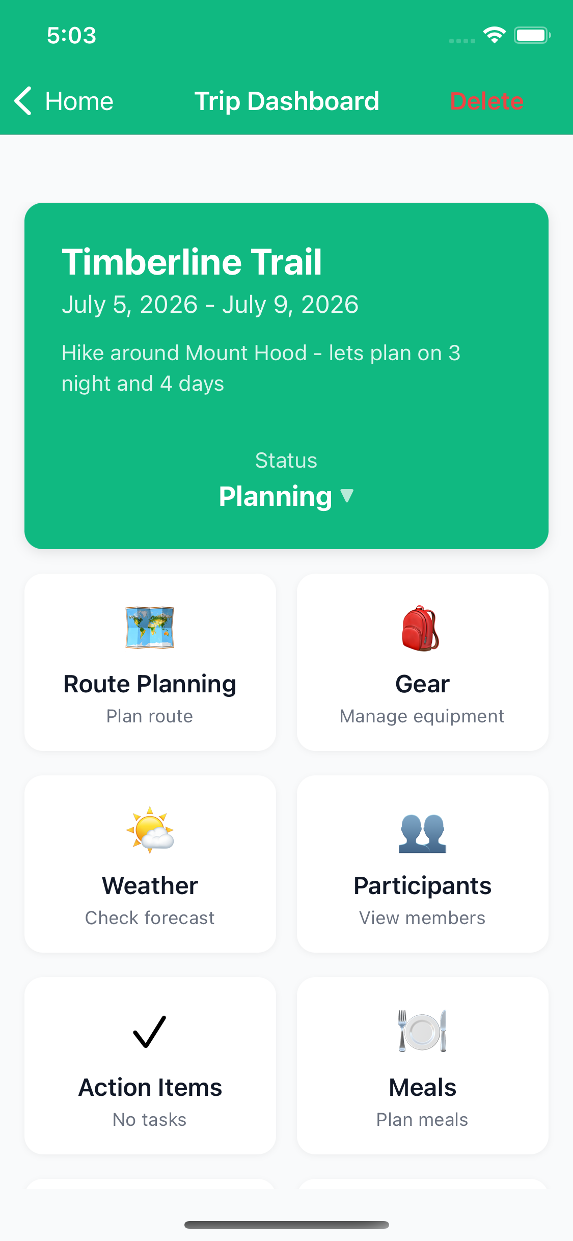 TrailSync group hiking trip dashboard showing trip overview and participants